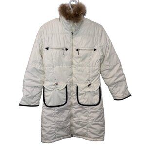 MaxMara long fur neck mid-length quilted puffer coat white women's size 8
